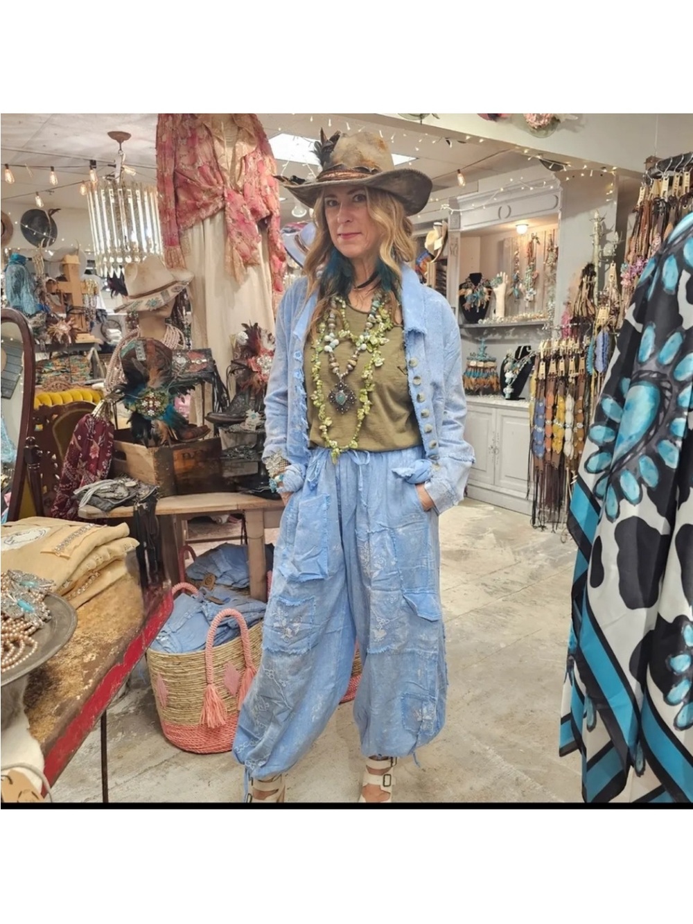A Rare Bird Light Blue Distressed Linen Embroidered Cargo Pants